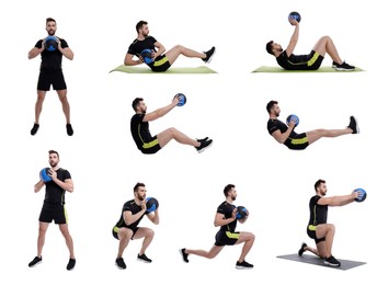 Athletic man doing different exercises with medicine ball on white background, collage