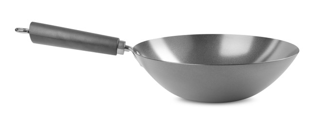 Photo of One empty metal wok isolated on white