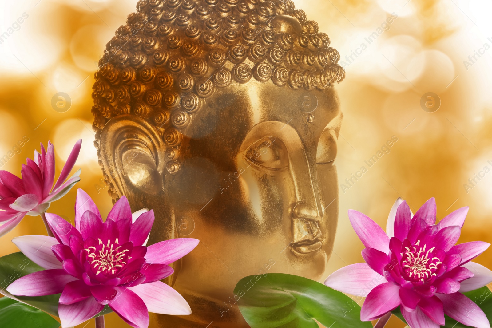 Image of Beautiful golden Buddha sculpture and lotus flowers on color background