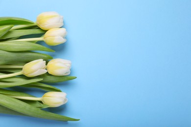 Beautiful yellow tulips on light blue background, flat lay. Space for text