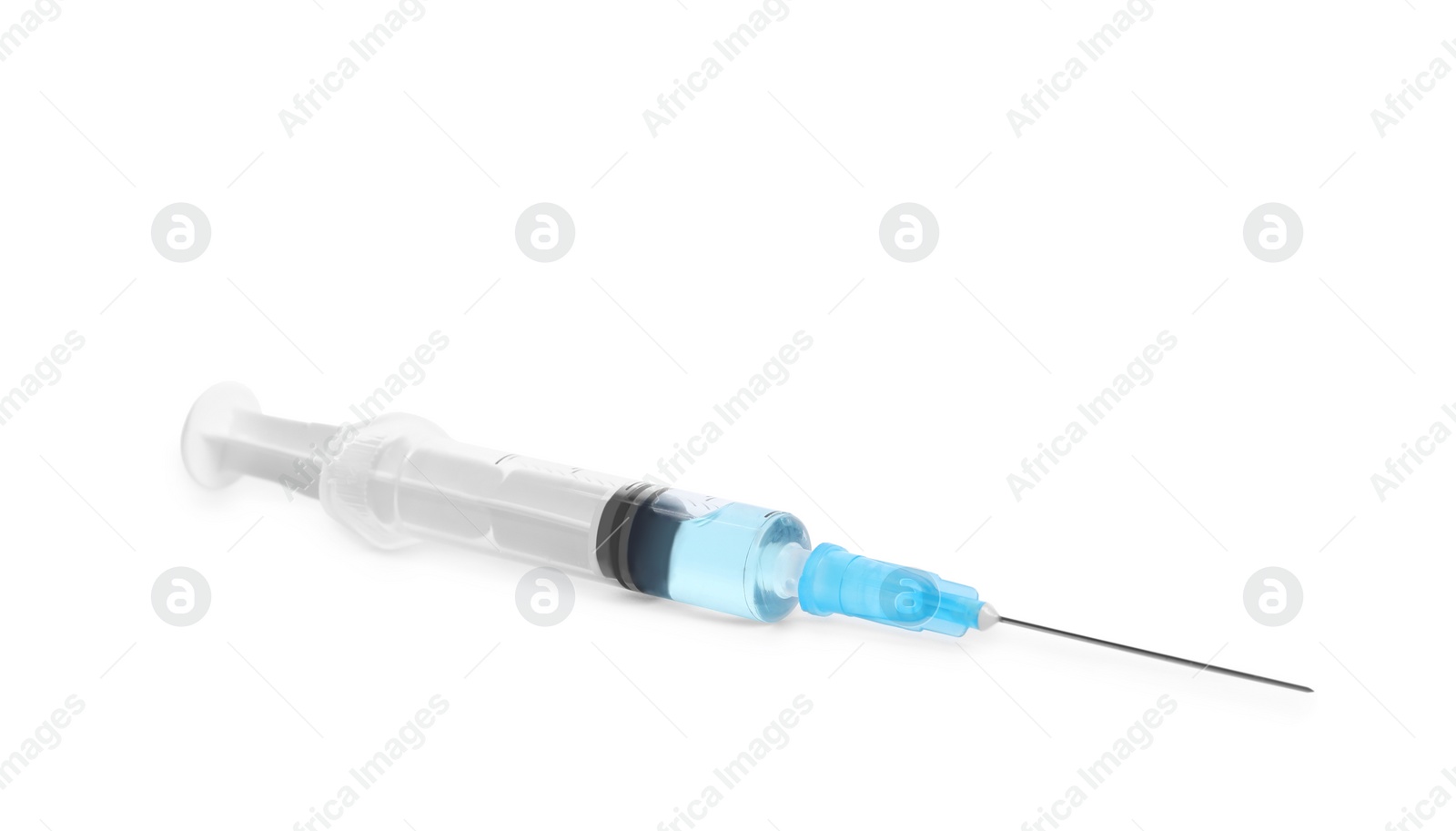 Photo of Syringe with medication isolated on white. Vaccination and immunization