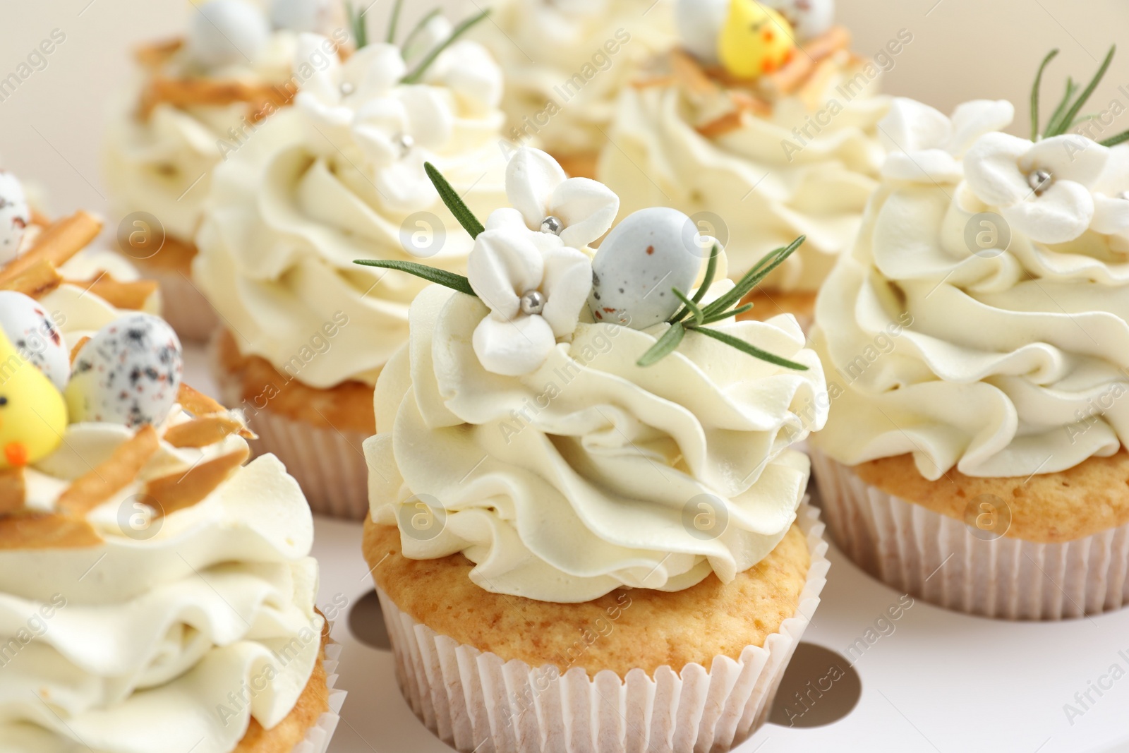 Photo of Tasty Easter cupcakes with vanilla cream in box, closeup