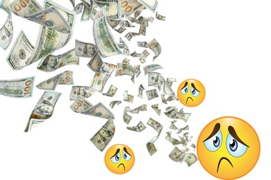 Image of Flying dollar banknotes and sad emoji illustrations on white background symbolizing buyer's remorse