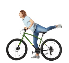 Photo of Young man with bicycle on white background