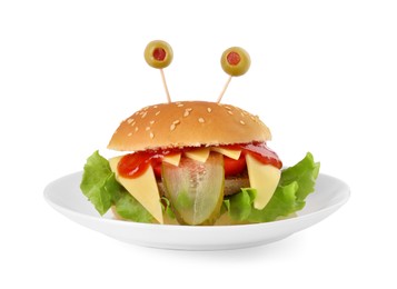 Photo of Cute monster burger isolated on white. Halloween party food
