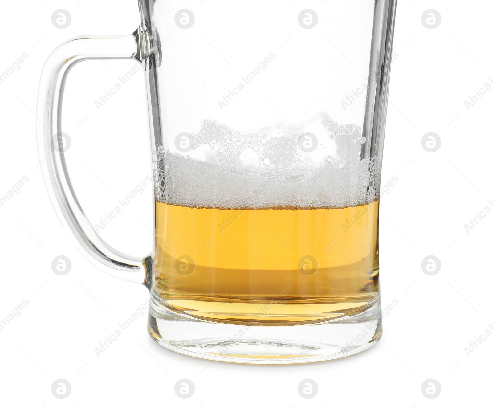 Photo of Half empty mug of beer isolated on white