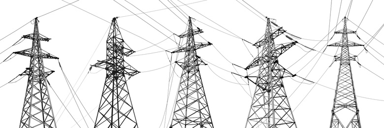 Image of Collage with high voltage towers isolated on white. Electric power transmission