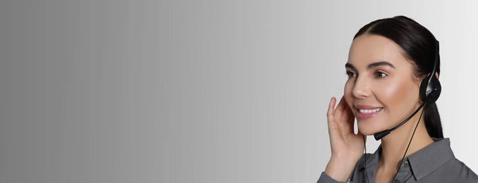 Image of Hotline operator with headset on light grey background, space for text. Banner design