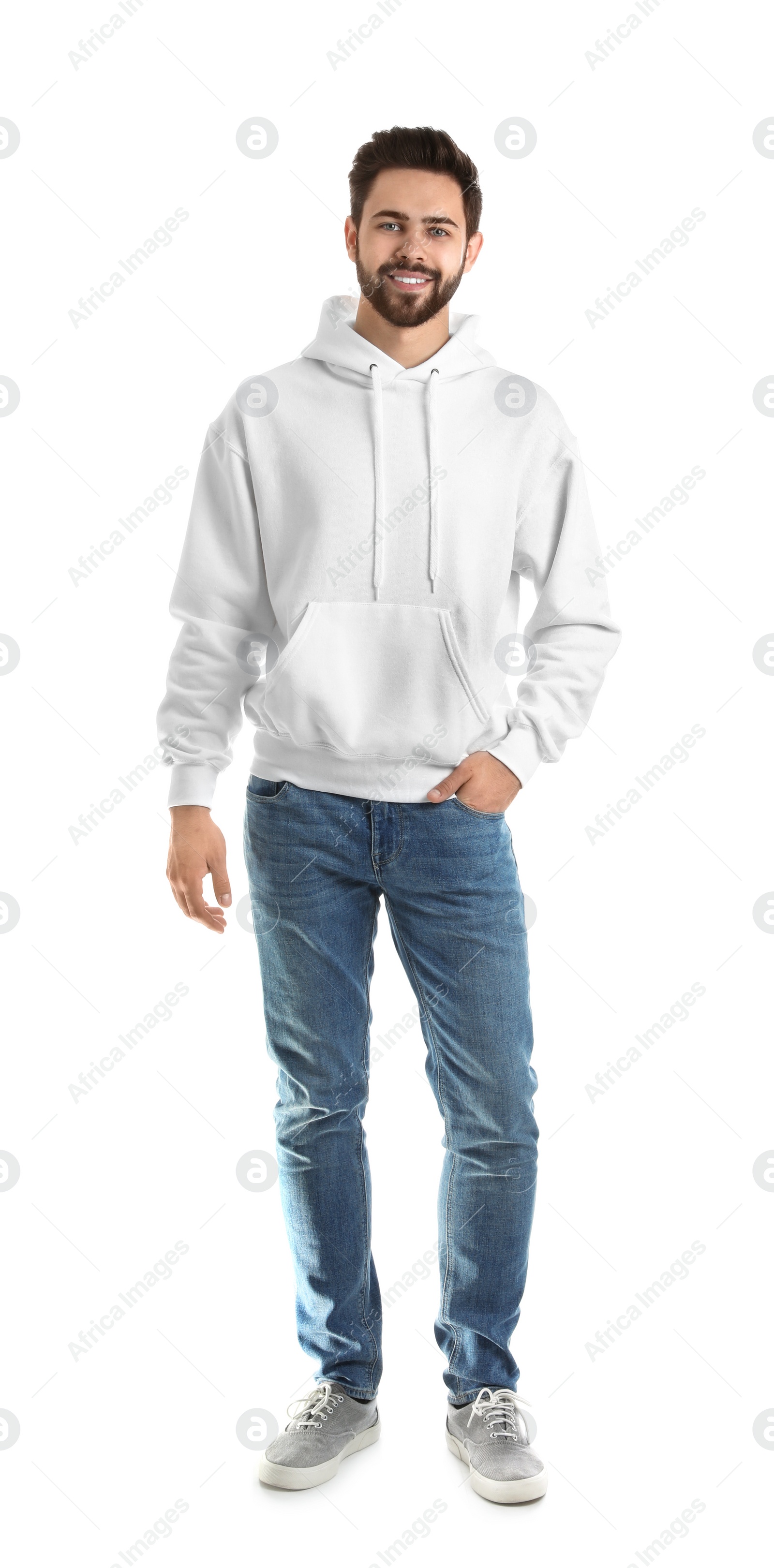 Photo of Full length portrait of young man in sweater isolated on white. Mock up for design