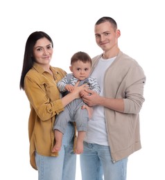 Photo of Portrait of happy family with little child on white background