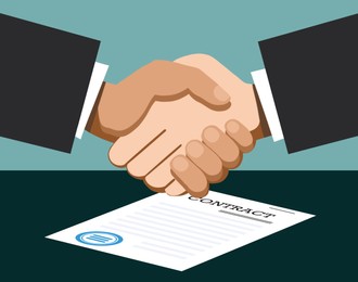 Illustration of Government contract. Businesspeople shaking hands over signed document, illustration