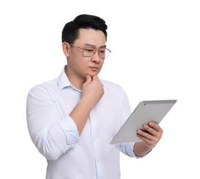 Photo of Businessman in formal clothes with tablet on white background