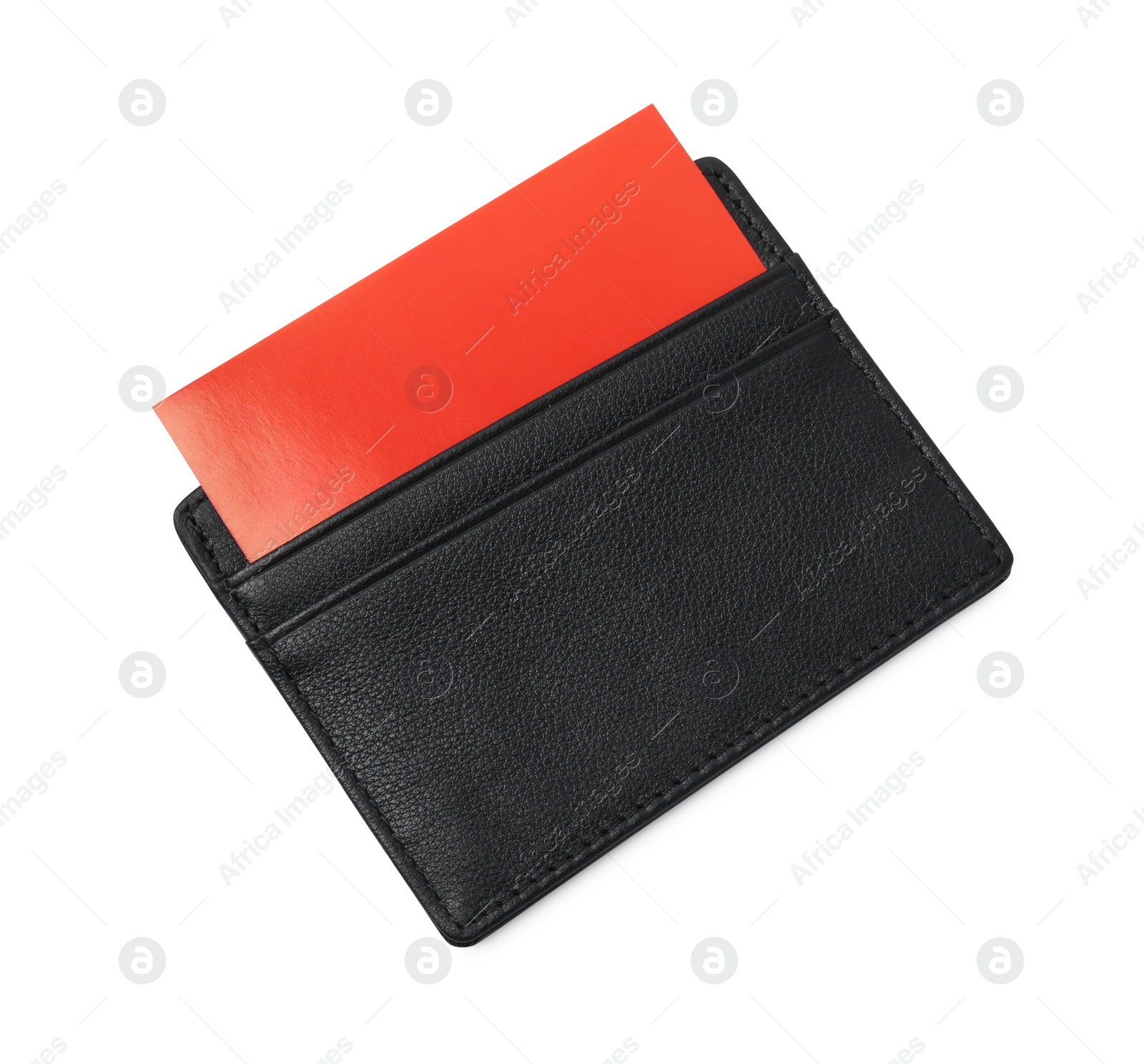 Photo of Black business card holder with blank card isolated on white, top view