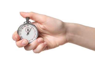 Photo of Woman holding vintage timer on white background, closeup