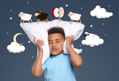 Insomnia. Sleepy boy covering head with pillow on dark blue background. Illustrations of different sheep preventing to sleep, clouds, stars and crescent moon