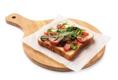 Photo of Tasty pizza toast and wooden board isolated on white