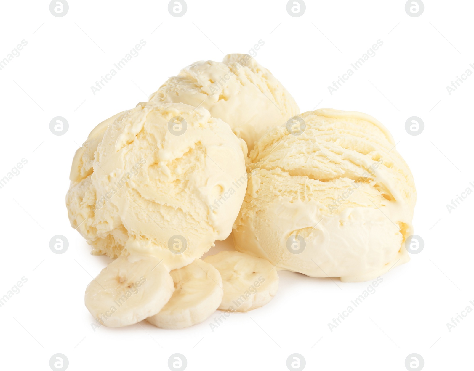 Photo of Delicious banana ice cream and fresh fruit on white background