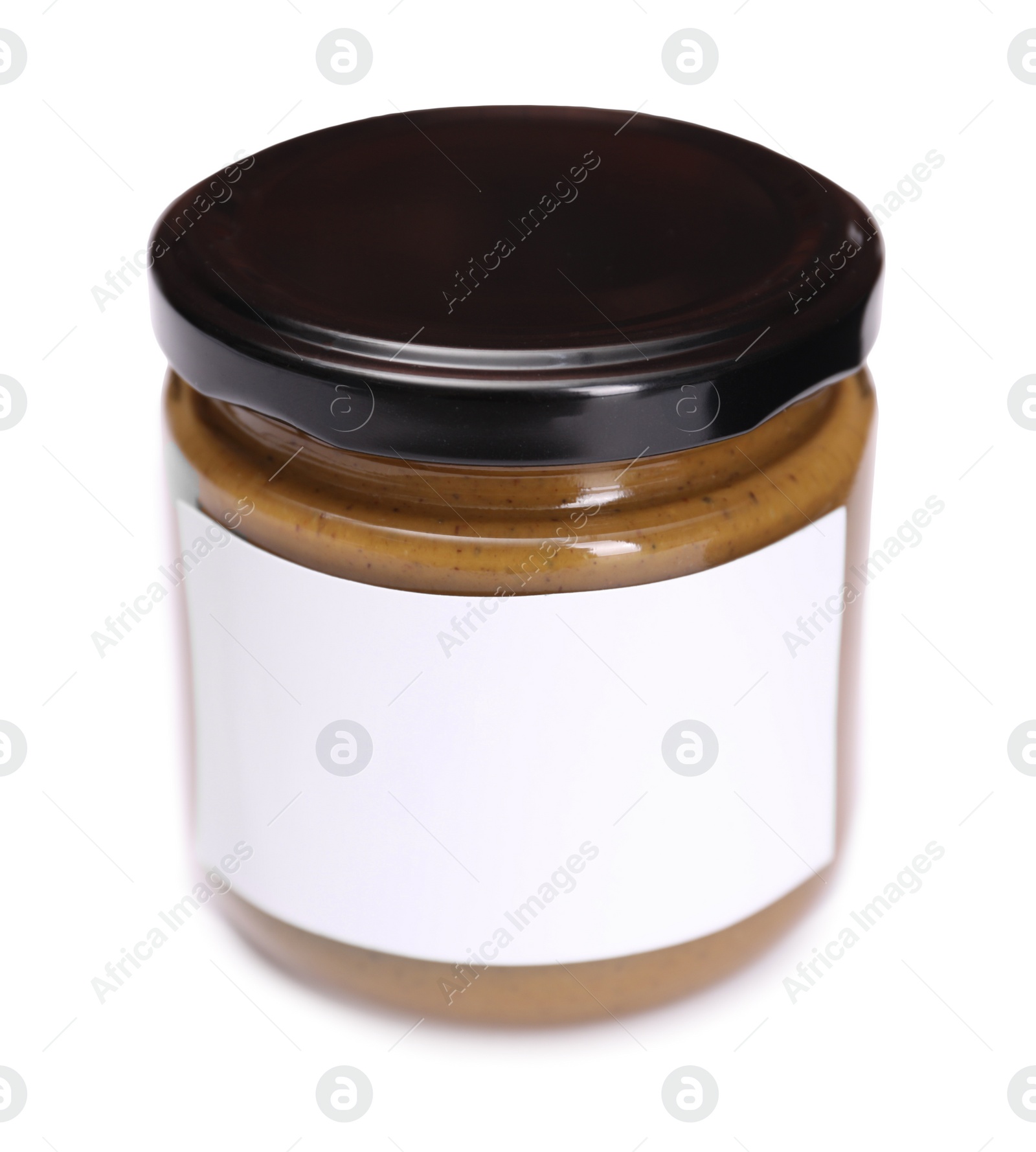 Photo of Tasty nut paste in jar isolated on white, space for text