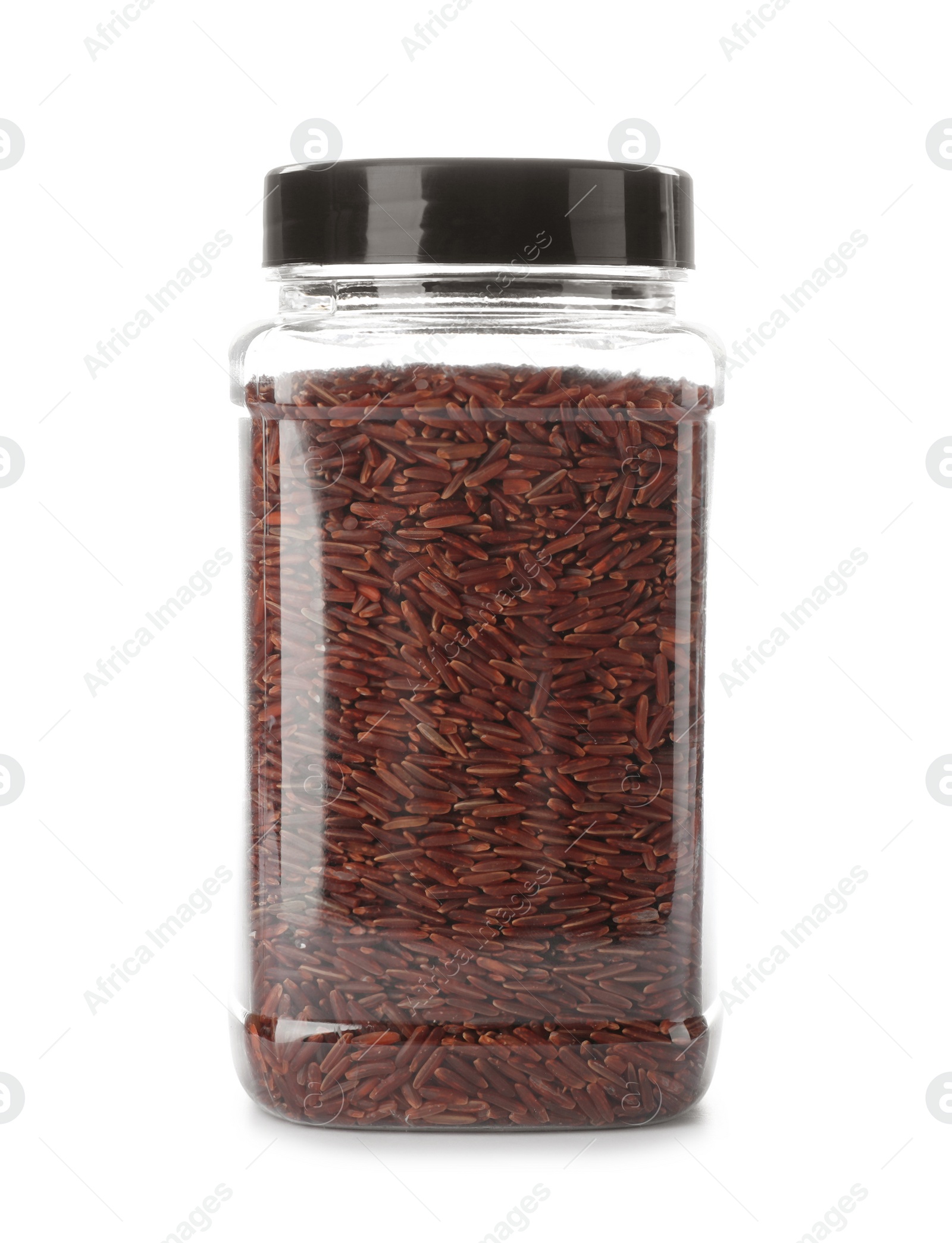 Photo of Jar with brown rice on white background