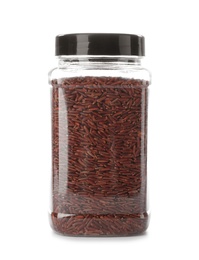 Jar with brown rice on white background