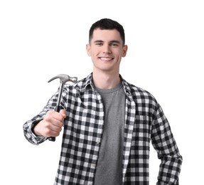 Young man holding hammer on white background