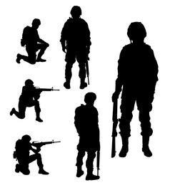 Image of Collage with silhouettes of soldiers on white background. Military service