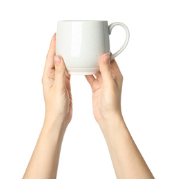 Photo of Woman holding ceramic cup on white background, closeup