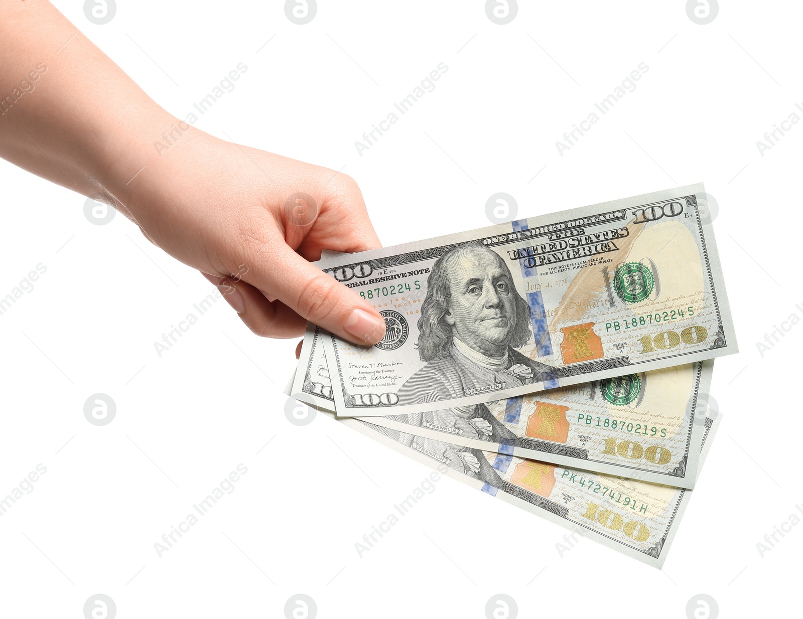 Photo of Money exchange. Woman holding dollar banknotes on white background, closeup