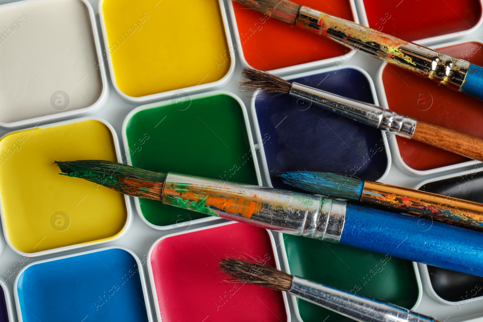 Photo of Different paint brushes on watercolor palette, top view