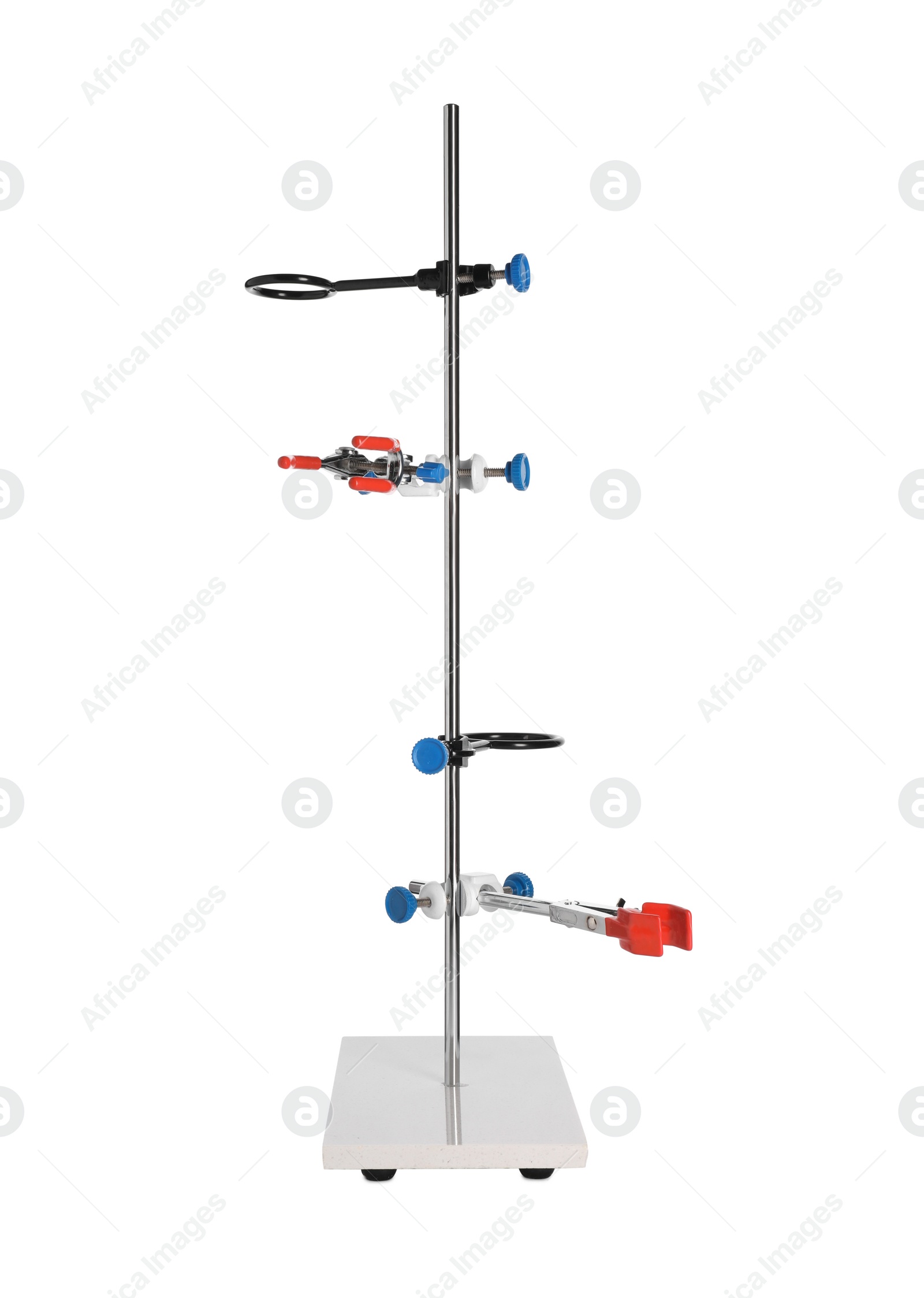 Photo of Retort stand with many clamps isolated on white