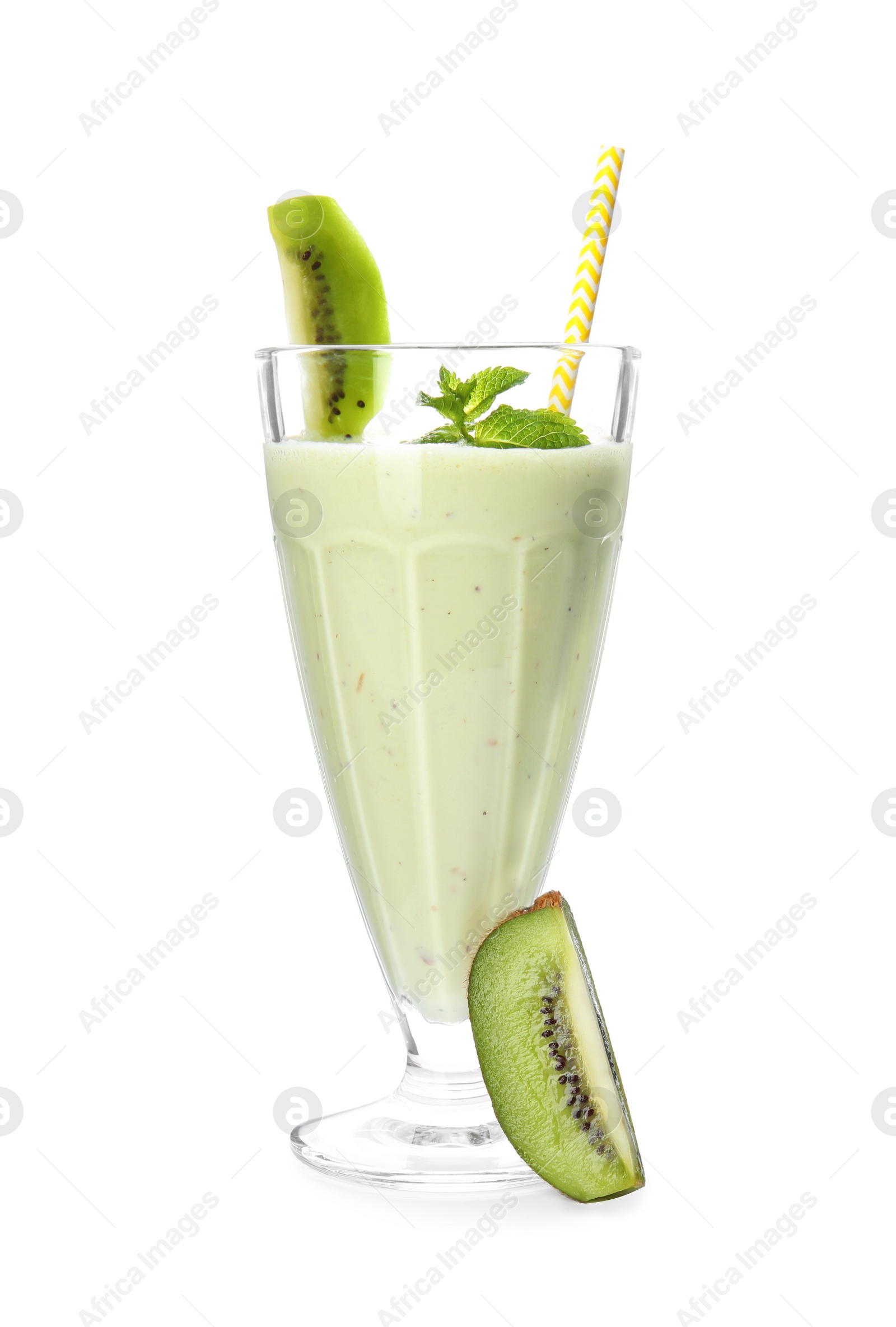 Photo of Tasty fresh milk shake and kiwi on white background