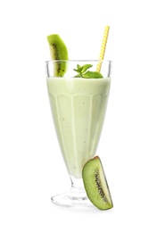 Photo of Tasty fresh milk shake and kiwi on white background