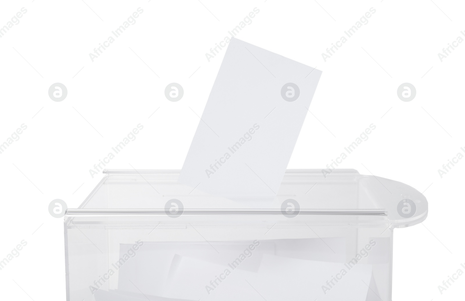 Photo of Transparent ballot box with vote isolated on white