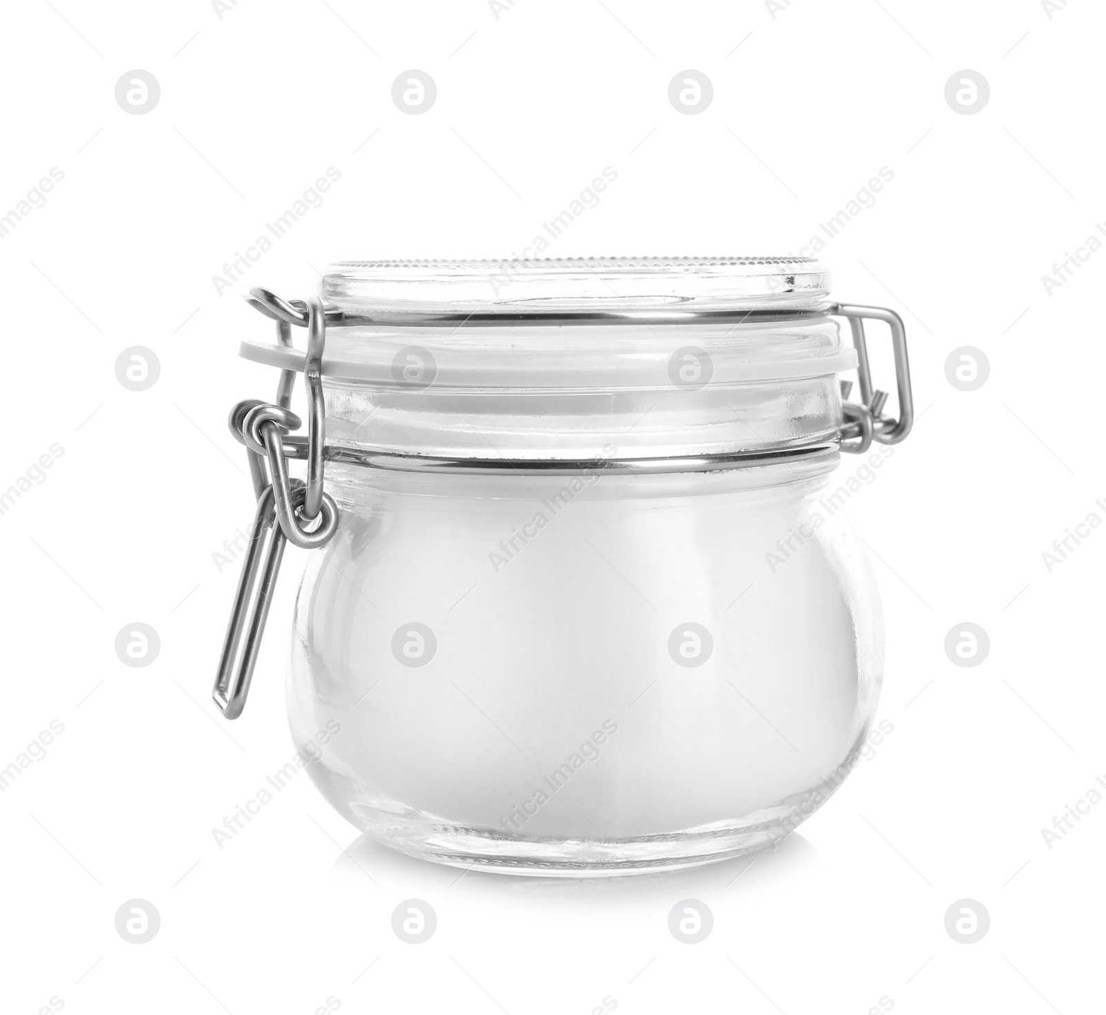 Photo of Jar with baking soda on white background