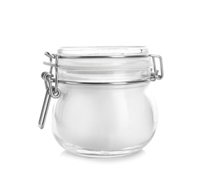 Photo of Jar with baking soda on white background