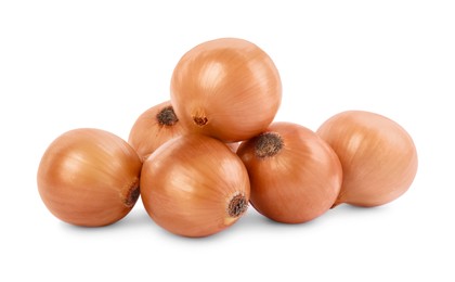 Photo of Pile of tasty fresh onions isolated on white