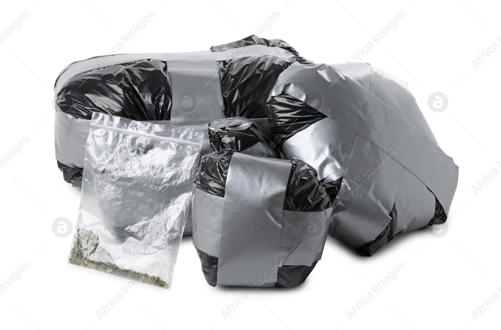 Photo of Packages with narcotics isolated on white. Drug addiction