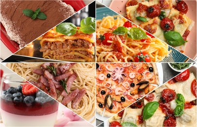 Image of Different tasty Italian dishes. Collage of pasta, lasagna, ravioli, desserts and pizza
