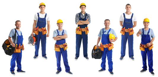 Image of Collage with photos of electricians on white background, banner design 