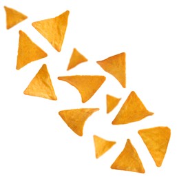 Image of Tasty tortilla chips (nachos) falling on white background