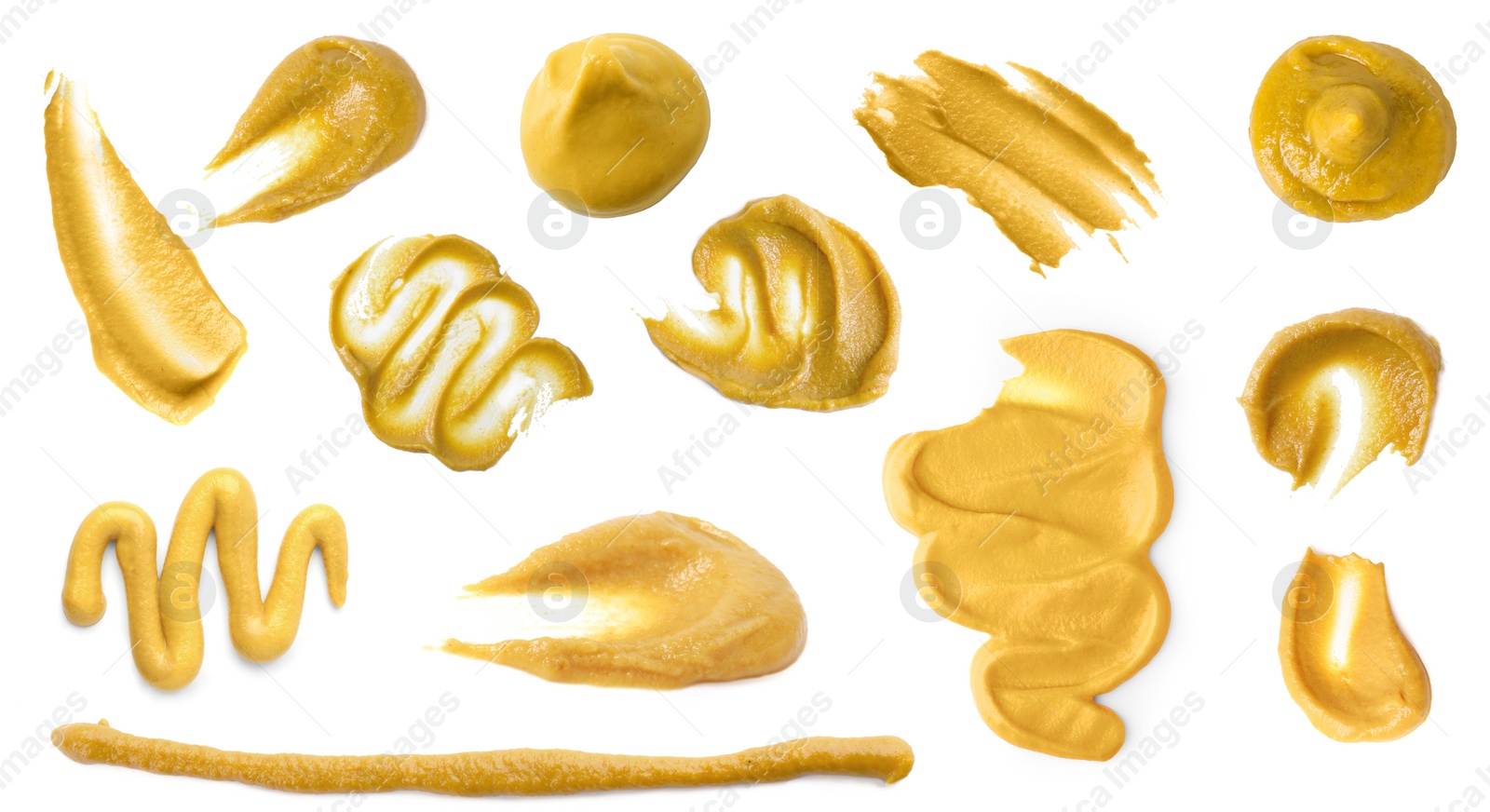 Image of Fresh mustard sauce isolated on white, set. Top view