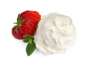 Photo of Sliced strawberry with whipped cream on white background, top view