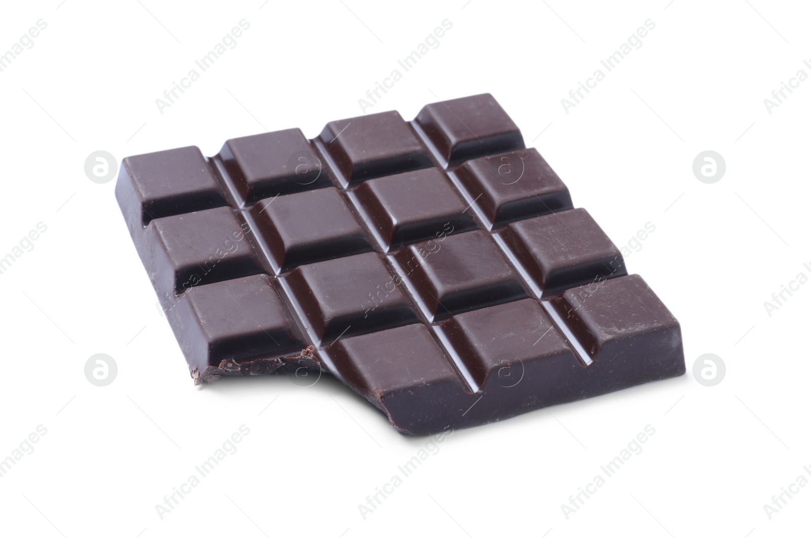 Photo of Delicious dark chocolate bar with bite mark isolated on white