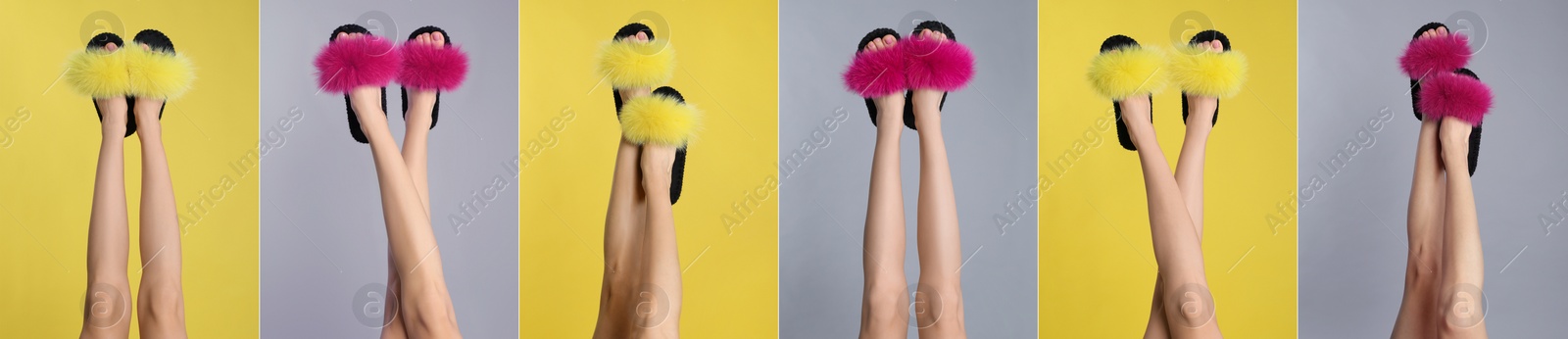 Collage with photos of women wearing stylish slippers on different color backgrounds, closeup. Banner design Image of Collage with photos of women wearing stylish slippers on different color backgrounds, closeup. Banner design