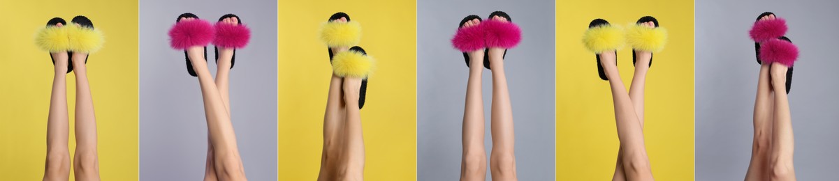 Image of Collage with photos of women wearing stylish slippers on different color backgrounds, closeup. Banner design