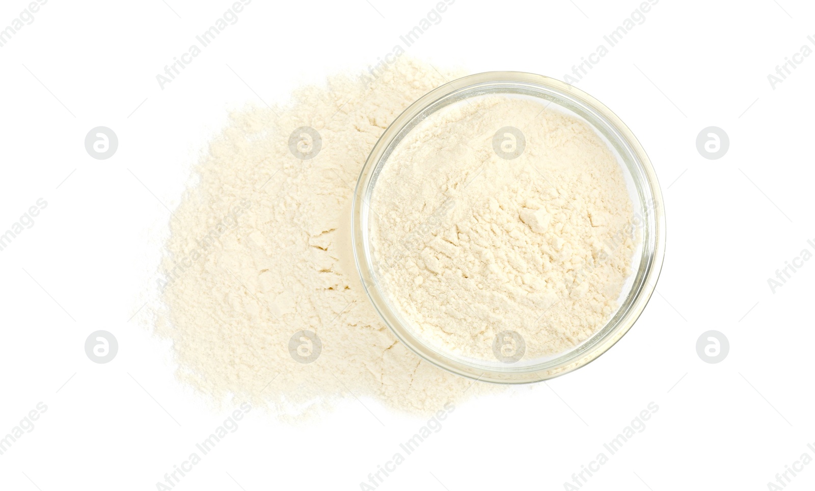 Photo of Baking powder in bowl isolated on white, top view