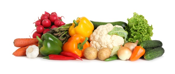 Photo of Pile of different fresh vegetables on white background