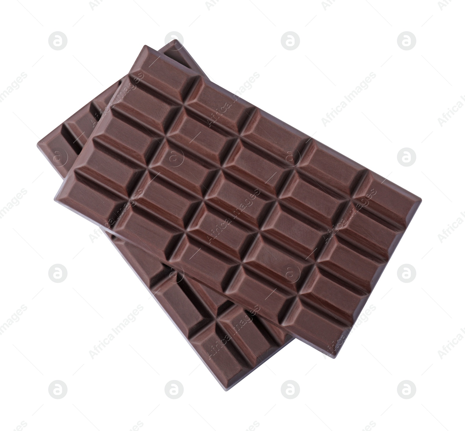 Photo of Delicious dark chocolate bars isolated on white, top view