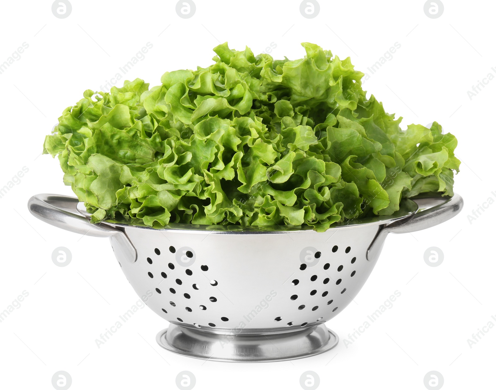 Photo of Metal colander with fresh lettuce isolated on white