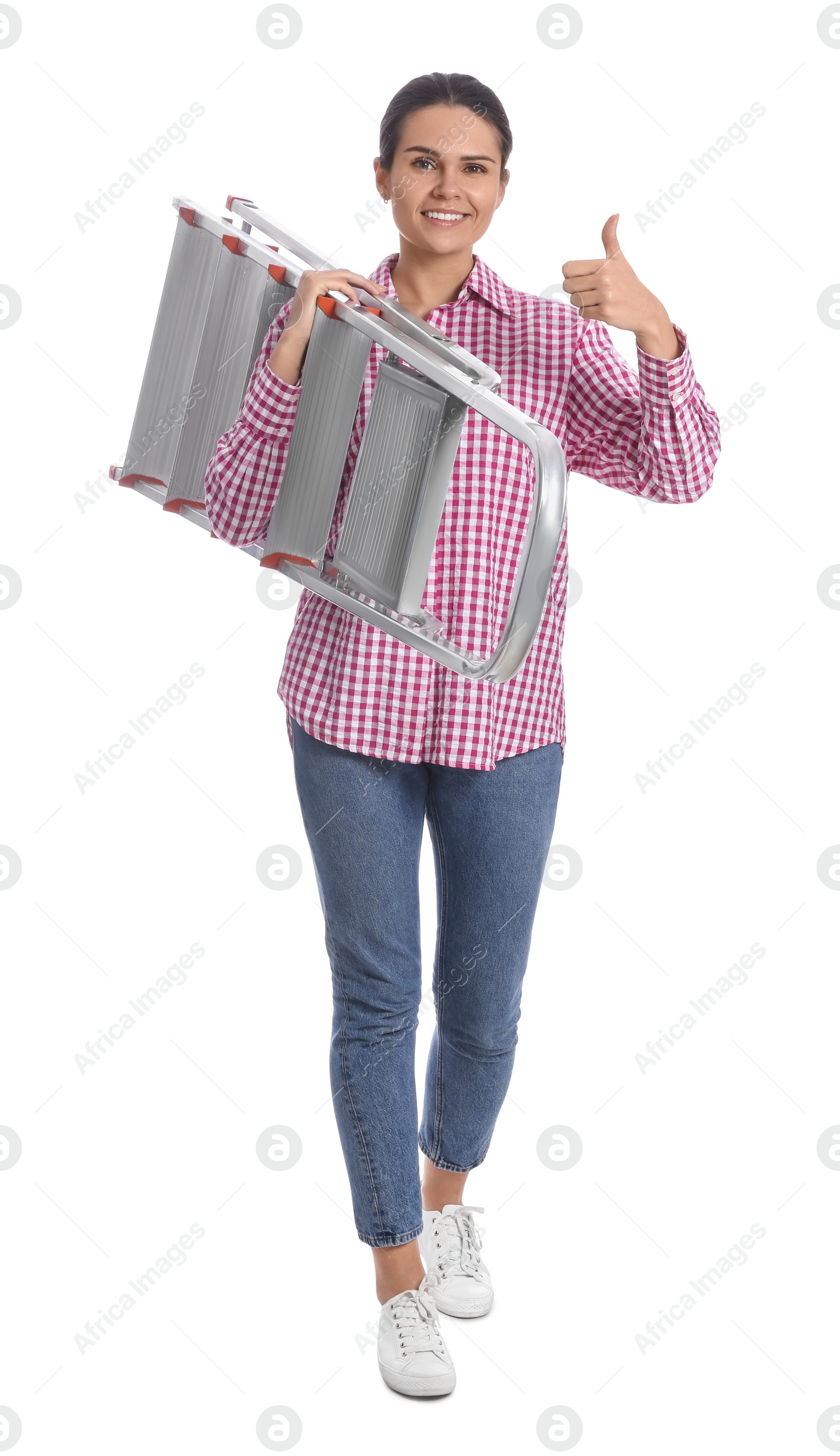 Photo of Young woman holding metal ladder on white background